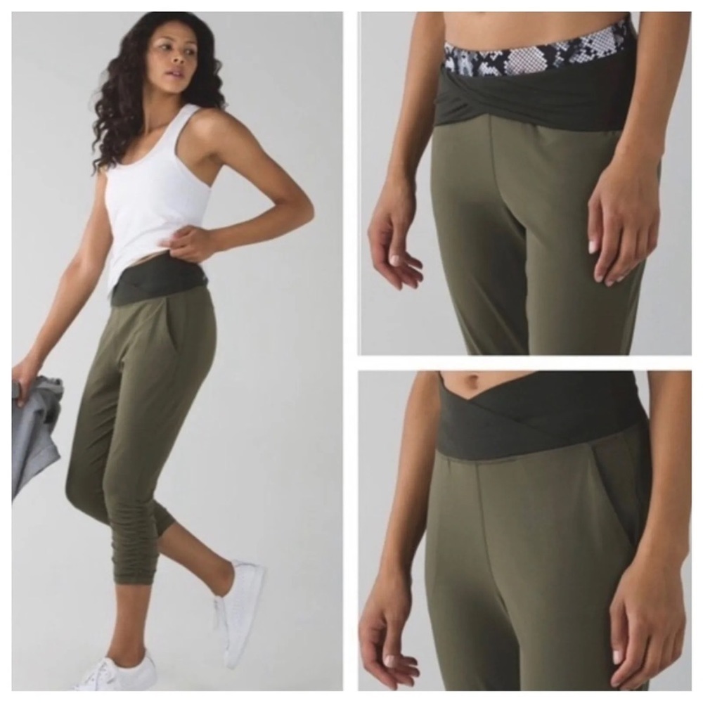 Lululemon Sunset Salutation Cropped leggings loose fit ruched, pockets , Sz 12